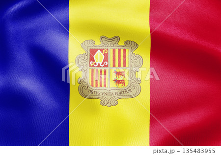 High detail waving national flag of Andorra with coat of arms and tricolor bands 135483955
