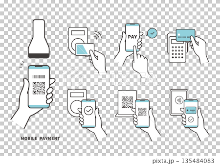 Simple line icon set for smartphone payment, QR code, and touch payment (blue) 135484083