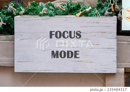 A wooden sign with the words FOCUS MODE sits beneath a festive garland of evergreen and pine cones. The weathered wood and holiday decorations create a serene, contemplative scene A wooden sign with the words FOCUS MODE sits beneath a festive garland of evergreen and pine cones. The weathered wood and holiday decorations create a serene, contemplative scene 135484317