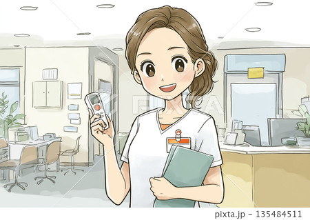 体温計を持つ若い看護師|健康管理と医療案内のやさしいイラスト 体温計を持つ若い看護師|健康管理と医療案内のやさしいイラスト 135484511
