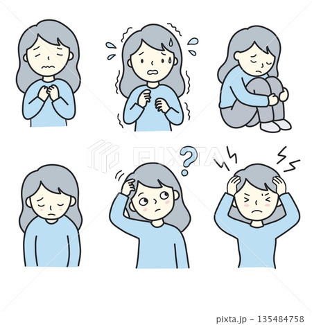 不安や悩みを抱える女性のイラストセット｜就労移行・メンタルサポート向け素材 135484758