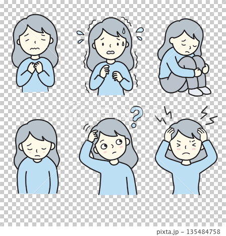 不安や悩みを抱える女性のイラストセット｜就労移行・メンタルサポート向け素材 135484758