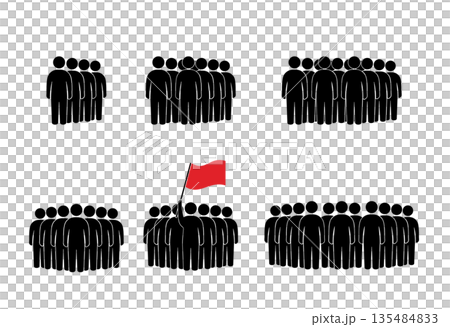 A set of black icons of people standing in a row without a background. 135484833