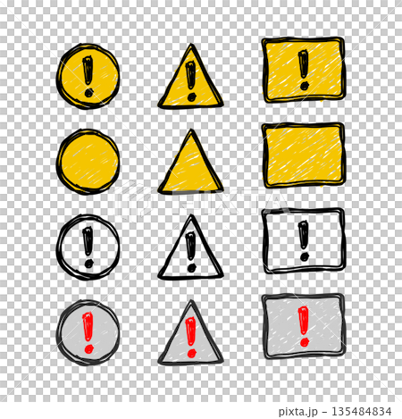 A set of warning signs with an exclamation mark and empty frames in a hand drawn style without background A set of warning signs with an exclamation mark and empty frames in a hand drawn style without background 135484834