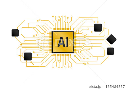 Artificial intelligence microchip with golden electronic circuit without background Artificial intelligence microchip with golden electronic circuit without background 135484837