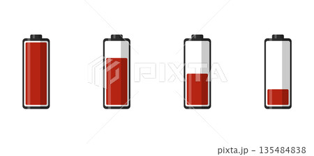 Set of four battery icons showing different low charge levels, red color fill, isolated on black, no background Set of four battery icons showing different low charge levels, red color fill, isolated on black, no background 135484838