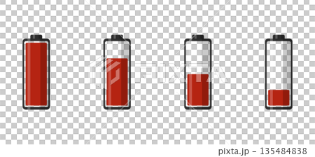 Set of four battery icons showing different low charge levels, red color fill, isolated on black, no background Set of four battery icons showing different low charge levels, red color fill, isolated on black, no background 135484838