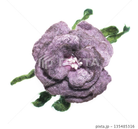 Brooch made of felt wool on a white background Brooch made of felt wool on a white background 135485316