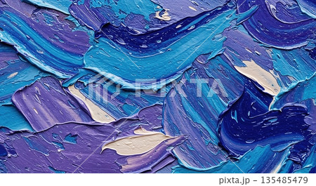 Thick impasto oil paint strokes in various shades of blue and purple create an abstract, textured background with visible brushwork and creamy white accents. 135485479