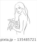 Line Drawing of a Girl with Flowers 135485721