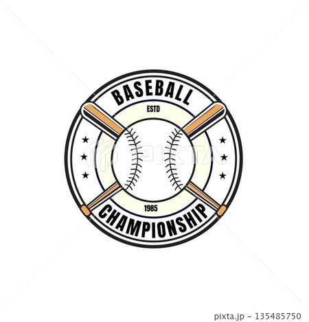 Baseball Tournament Championship Badge Logo featuring Crossed Bat and Ball Emblems in a clean, vintage style. Perfect for Baseball Tournaments, Championships, Leagues, and School Competitions. 135485750