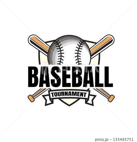 Vintage Style Baseball Tournament Logo Design With Shield Background, Crossed Bat and Ball Emblems, and Ribbon Banner. Suitable for Baseball Tournaments, Championships, Leagues, School Competitions Vintage Style Baseball Tournament Logo Design With Shield Background, Crossed Bat and Ball Emblems, and Ribbon Banner. Suitable for Baseball Tournaments, Championships, Leagues, School Competitions 135485751