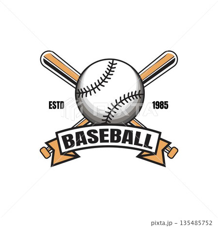 Vintage Baseball Emblem with Ribbon and Crossed Bats Suitable for Baseball Tournaments, Championships, Leagues, School Competitions Vintage Baseball Emblem with Ribbon and Crossed Bats Suitable for Baseball Tournaments, Championships, Leagues, School Competitions 135485752