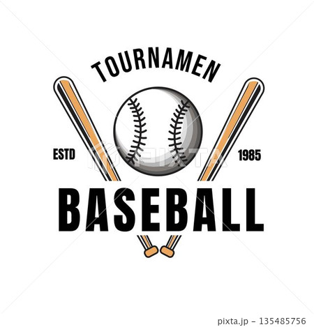 Vintage style Baseball Tournament Logo Design featuring crossed bat and ball symbols. Perfect for baseball tournaments, championships, leagues, and school competitions. 135485756