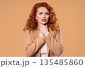 Businesswoman Has Sore. Sick, Swollen Throat On Beige Studio.angina, Flu,Cold  135485860