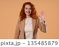 Friendly Young Ginger BusinessWoman Waving Hand - Hello, Or Salute, Chao 135485879
