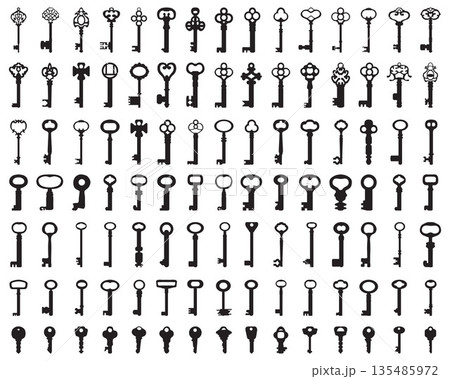 Set of black silhouettes of door keys on white background 135485972