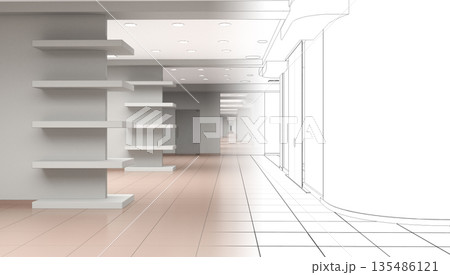 empty pavilion, interior visualization, 3D illustration empty pavilion, interior visualization, 3D illustration 135486121