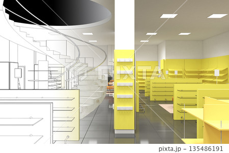 shopping mall, interior visualization, 3D illustration 135486191