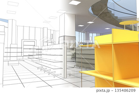 shopping mall, interior visualization, 3D illustration 135486209