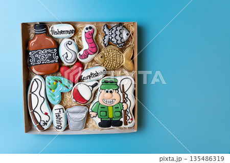 Set of ginger cookies. Cookies for the fisherman. Gift to the fisherman. 135486319