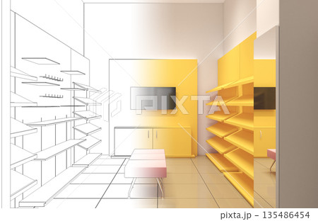 shopping mall, interior visualization, 3D illustration 135486454