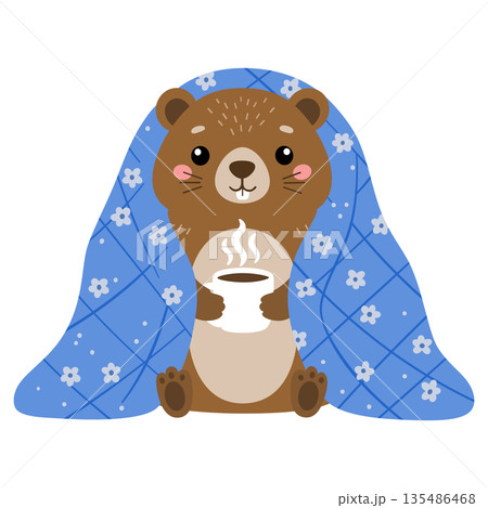 Vector illustration of groundhog seating in a blue blanket with cup of hot coffee or chocolate. Character design of marmot. Happy Groundhog Day. 135486468