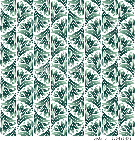 Fans of green leaves on white background. Ornate refine green seamless pattern. Vintage plant ornamental background in calm colors Fans of green leaves on white background. Ornate refine green seamless pattern. Vintage plant ornamental background in calm colors 135486472
