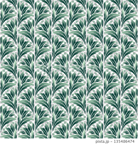 Ornate elegant green seamless pattern. Fans of green leaves on white background. Vintage plant ornamental background Ornate elegant green seamless pattern. Fans of green leaves on white background. Vintage plant ornamental background 135486474