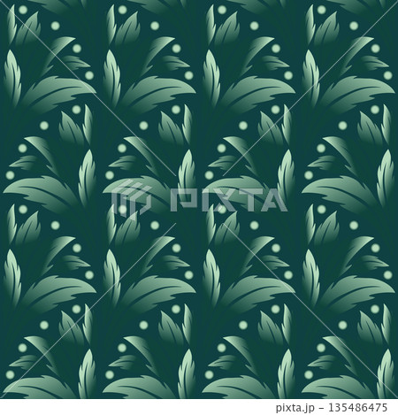 Elegant dark green seamless pattern. Green leaves fans on dark green background. Vintage plant design. Vector illustration in calm colors 135486475