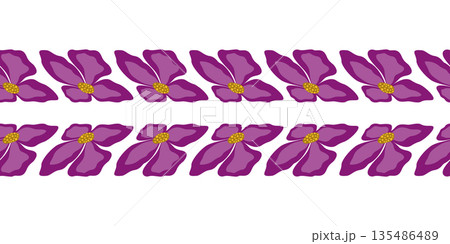 Abstract orchid flowers seamless border. Pink, magenta flower element on white background. Fantasy plant repeating vector ornament 135486489
