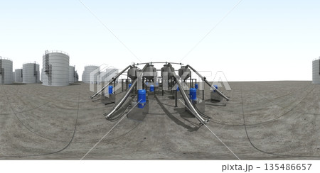 spherical panorama of the oil refinery, chemical production, waste processing plant, exterior visualization, 3D illustration spherical panorama of the oil refinery, chemical production, waste processing plant, exterior visualization, 3D illustration 135486657