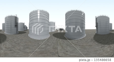 spherical panorama of the oil refinery, chemical production, waste processing plant, exterior visualization, 3D illustration spherical panorama of the oil refinery, chemical production, waste processing plant, exterior visualization, 3D illustration 135486658