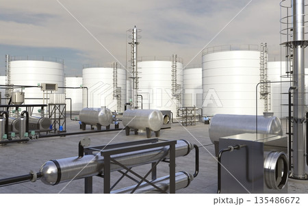oil refinery, chemical production, waste processing plant, exterior visualization, 3D illustration, cg 135486672