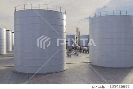 oil refinery, chemical production, waste processing plant, exterior visualization, 3D illustration, cg oil refinery, chemical production, waste processing plant, exterior visualization, 3D illustration, cg 135486693