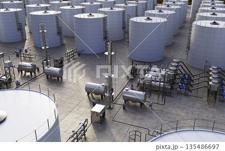 oil refinery, chemical production, waste processing plant, exterior visualization, 3D illustration, cg oil refinery, chemical production, waste processing plant, exterior visualization, 3D illustration, cg 135486697
