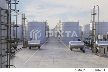 oil refinery, chemical production, waste processing plant, exterior visualization, 3D illustration, cg oil refinery, chemical production, waste processing plant, exterior visualization, 3D illustration, cg 135486701