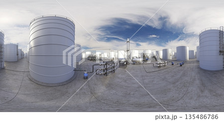 spherical panorama of the oil refinery, chemical production, waste processing plant, exterior visualization, 3D illustration spherical panorama of the oil refinery, chemical production, waste processing plant, exterior visualization, 3D illustration 135486786