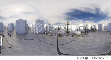 spherical panorama of the oil refinery, chemical production, waste processing plant, exterior visualization, 3D illustration 135486787