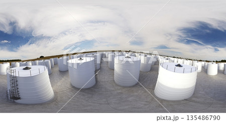 spherical panorama of the oil refinery, chemical production, waste processing plant, exterior visualization, 3D illustration spherical panorama of the oil refinery, chemical production, waste processing plant, exterior visualization, 3D illustration 135486790