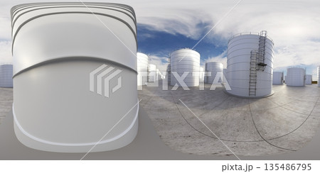 spherical panorama of the oil refinery, chemical production, waste processing plant, exterior visualization, 3D illustration spherical panorama of the oil refinery, chemical production, waste processing plant, exterior visualization, 3D illustration 135486795