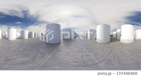 spherical panorama of the oil refinery, chemical production, waste processing plant, exterior visualization, 3D illustration 135486800