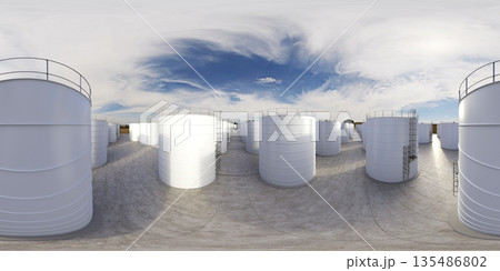 spherical panorama of the oil refinery, chemical production, waste processing plant, exterior visualization, 3D illustration spherical panorama of the oil refinery, chemical production, waste processing plant, exterior visualization, 3D illustration 135486802