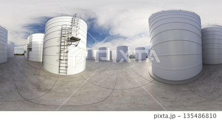 spherical panorama of the oil refinery, chemical production, waste processing plant, exterior visualization, 3D illustration 135486810