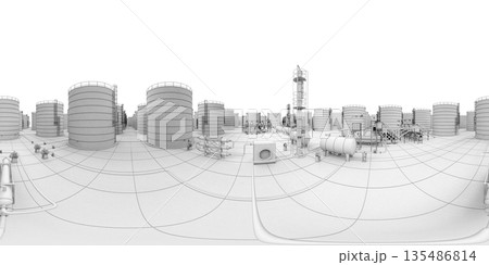 spherical panorama of the oil refinery, chemical production, waste processing plant, exterior visualization, 3D illustration 135486814