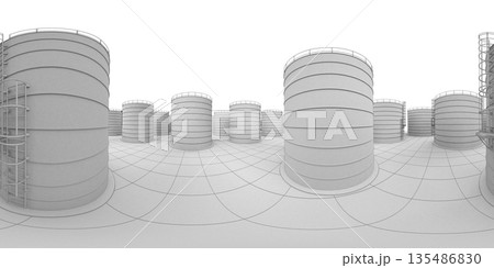 spherical panorama of the oil refinery, chemical production, waste processing plant, exterior visualization, 3D illustration 135486830