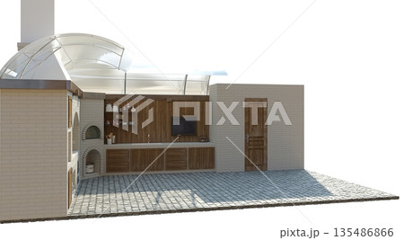 barbecue area, exterior visualization, 3D illustration barbecue area, exterior visualization, 3D illustration 135486866
