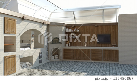 barbecue area, exterior visualization, 3D illustration barbecue area, exterior visualization, 3D illustration 135486867