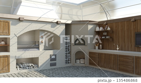 barbecue area, exterior visualization, 3D illustration 135486868