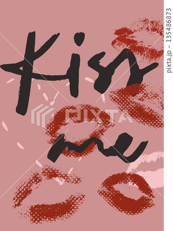 Vector poster illustration of red lips print. Romantic love symbol perfect for Valentines Day holiday, wedding designs, posters, invitations and festive decor. 135486873